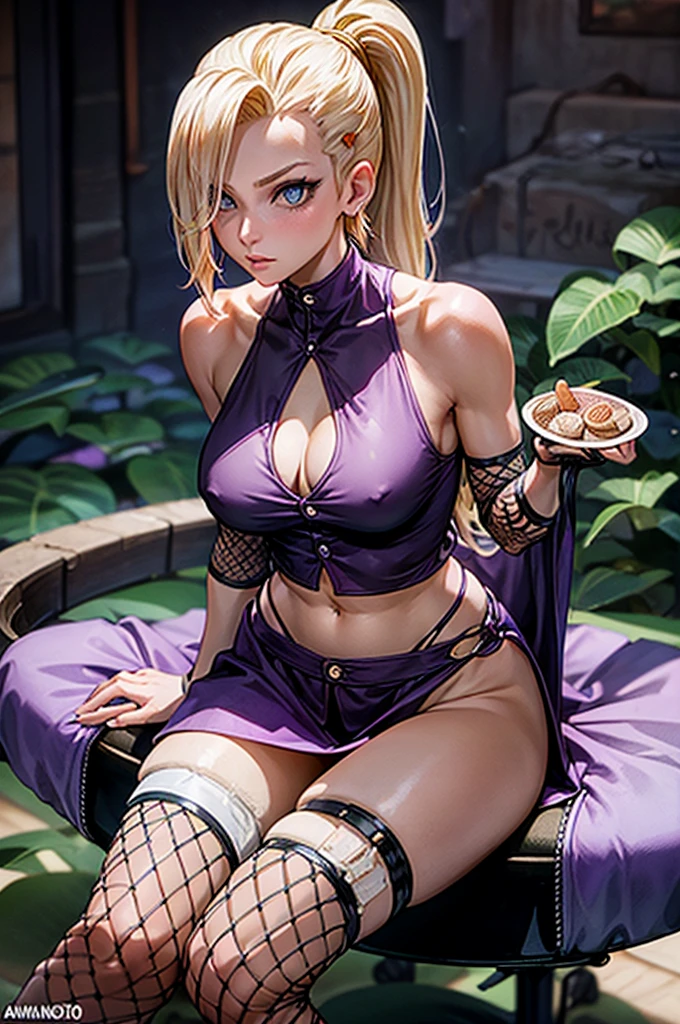 Masterpiece, best quality, ultra detailed, 1girl, arm support, bare shoulders, between legs, blonde hair, blue eyes, cleavage cutout, closed mouth, clothing cutout, earrings, fishnets, hair ointment, hair over one eye, hand between legs, jewelry, looking at the viewer, large breasts, light blush, long hair, no panties, ponytail, purple top, sitting, skindentation, solo,yamanaka ino, mature sexy female, yellow hair, long ponytail, hair over one eyes(extends till upperlip), short purple top, medium purple skirt, midriff, fishnets to elbows and knees