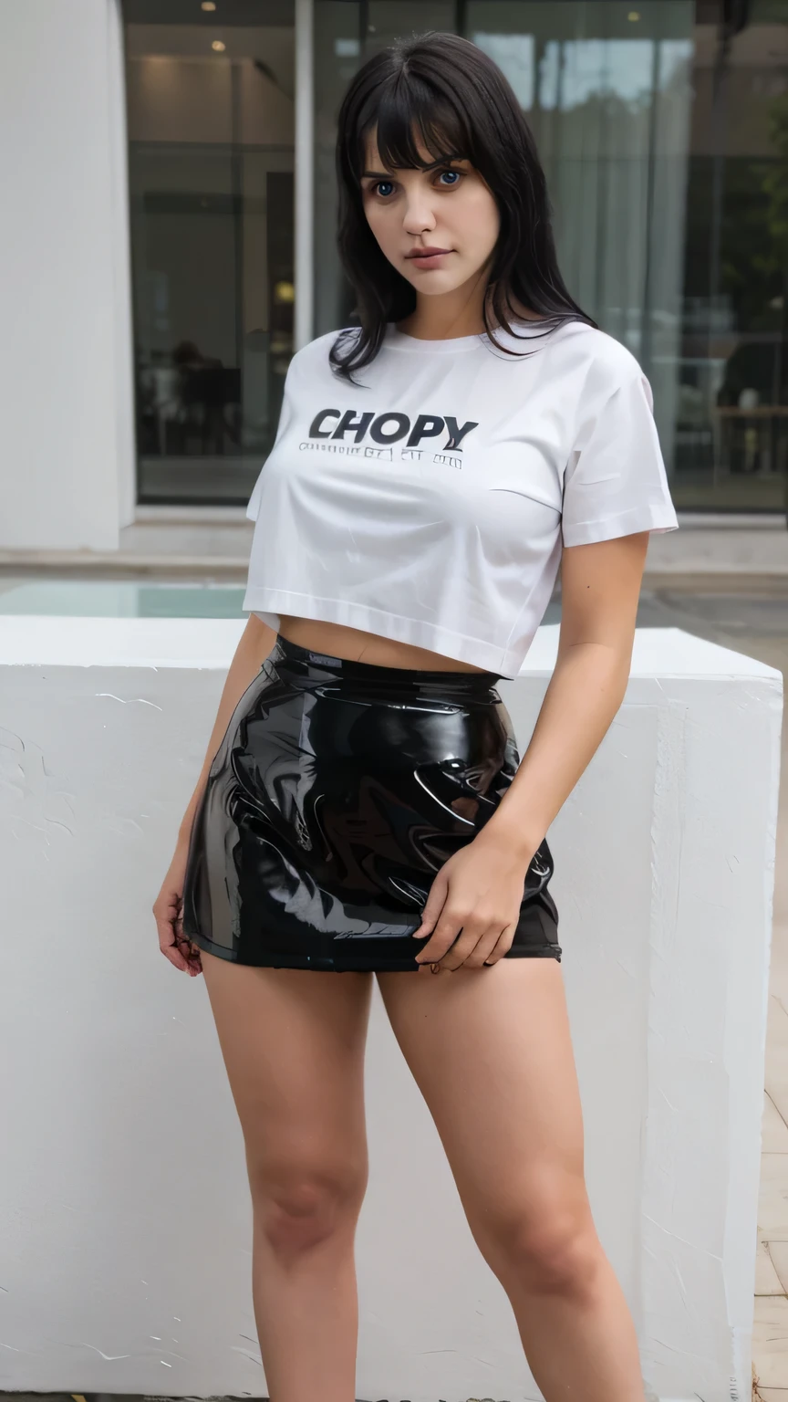 (full body shot) of A beautiful woman with long shiny black hair, choppy bangs, a delicate face, a cold proud gaze, (thick body:1.0), (thick arms:1.0), (thick legs:1.0), exposes her waist, she is wearing (black latex skirt), (white cloth t-shirt), legs