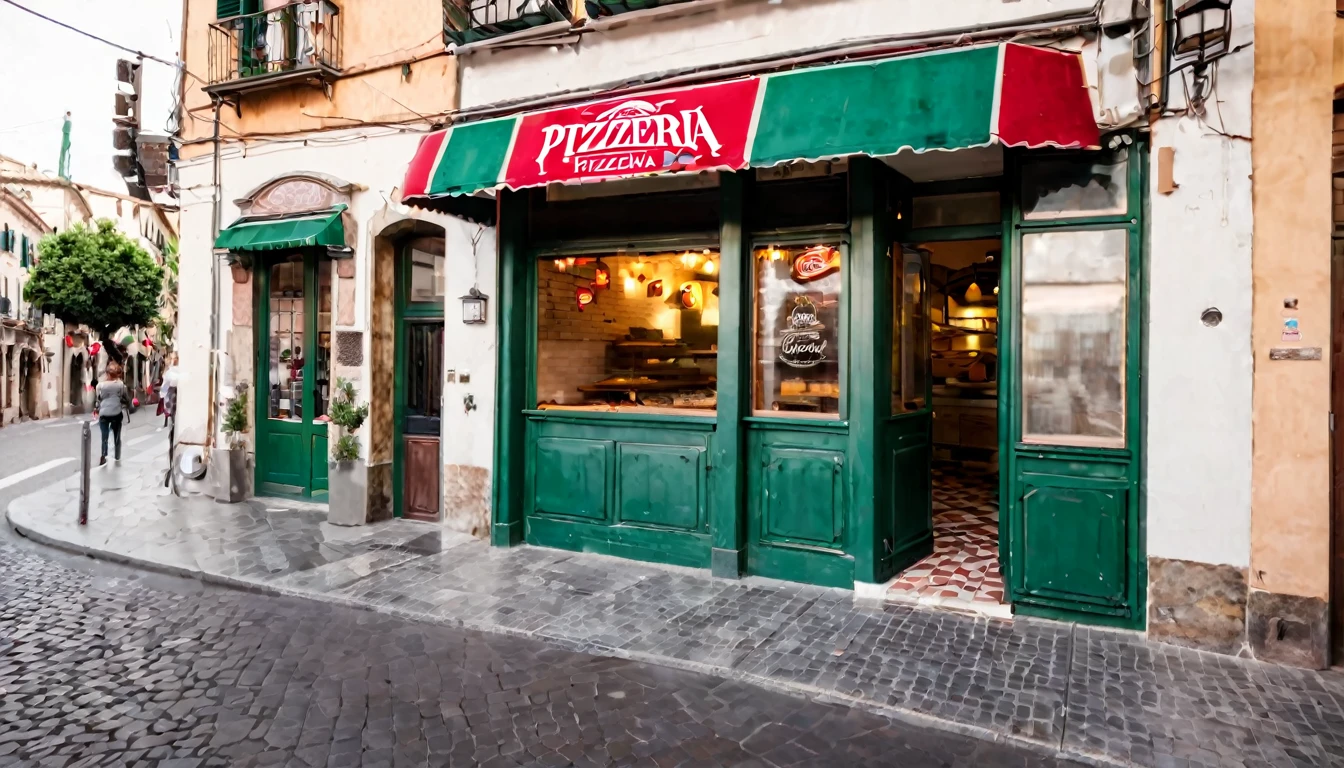 first person view, pizzeria facade, daytime, no people in the place