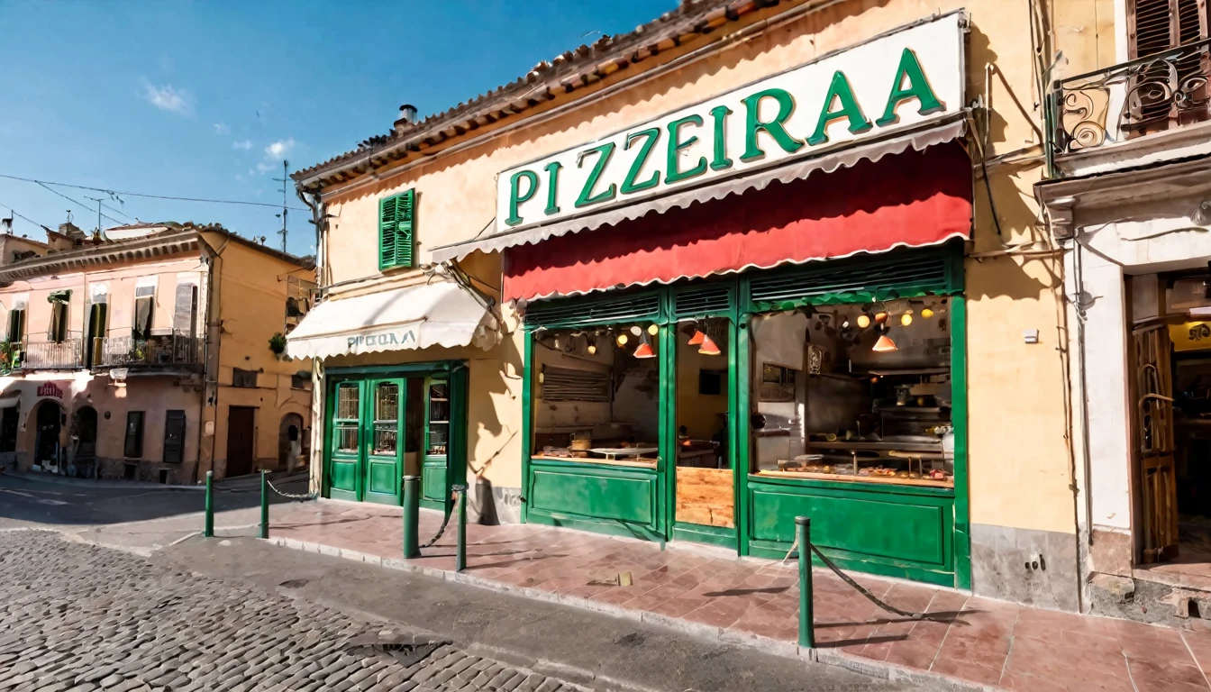 first person view, pizzeria facade, daytime, no people in the place