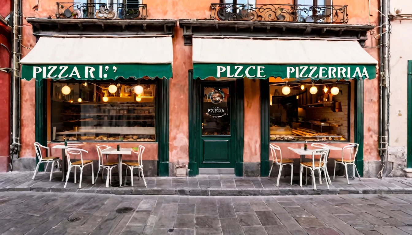 first person view, pizzeria facade, daytime, no people in the place