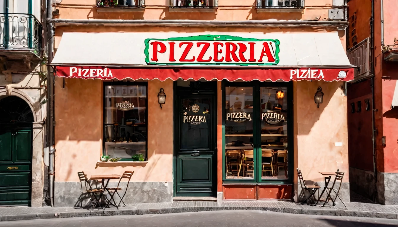 first person view, pizzeria facade, daytime, no people in the place