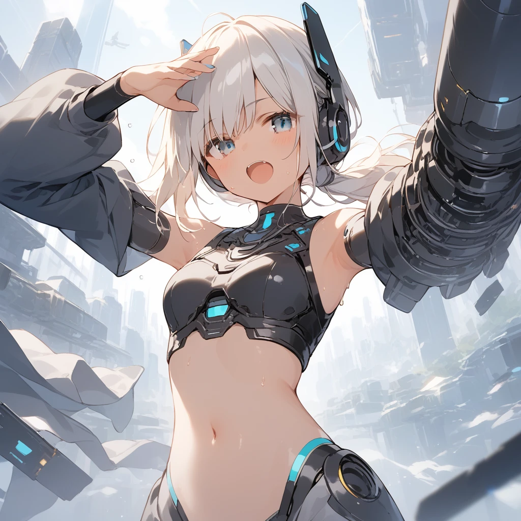 score_9, score_8_up, score_7_up, source_anime, best quality, masterpiece, official art, absurdres, highres, ultra-detailed,waifu2x,Collection: Slice of Life,break,1girl, cyborg girl, briliant azure eyes, 16yo, crop top cyborg armor, futuristic headset, futuristic tech, mindcontrol device installed on head, tomboy, tanned-skinned female, short hair, low ponytail, futuristic virtual realisty headset covering eyes, beautiful detailed eyes, sweat, open mouth, (yawn:0.3), sleepily, standing, futuristic city, wind, break, from bellow, ((show belly)), ((show upper legs)), (sexy pose), (full body view) (clear line illustration:1.2),very high resolution, very aesthetic, super detailed skin, Best sexual lighting powered by famous artist, 8k,cute picture,beauty illustration,photoshop_(medium),,(Detailed Lighting),best anime 8k konachan wallpaper, pixiv contest winner, 