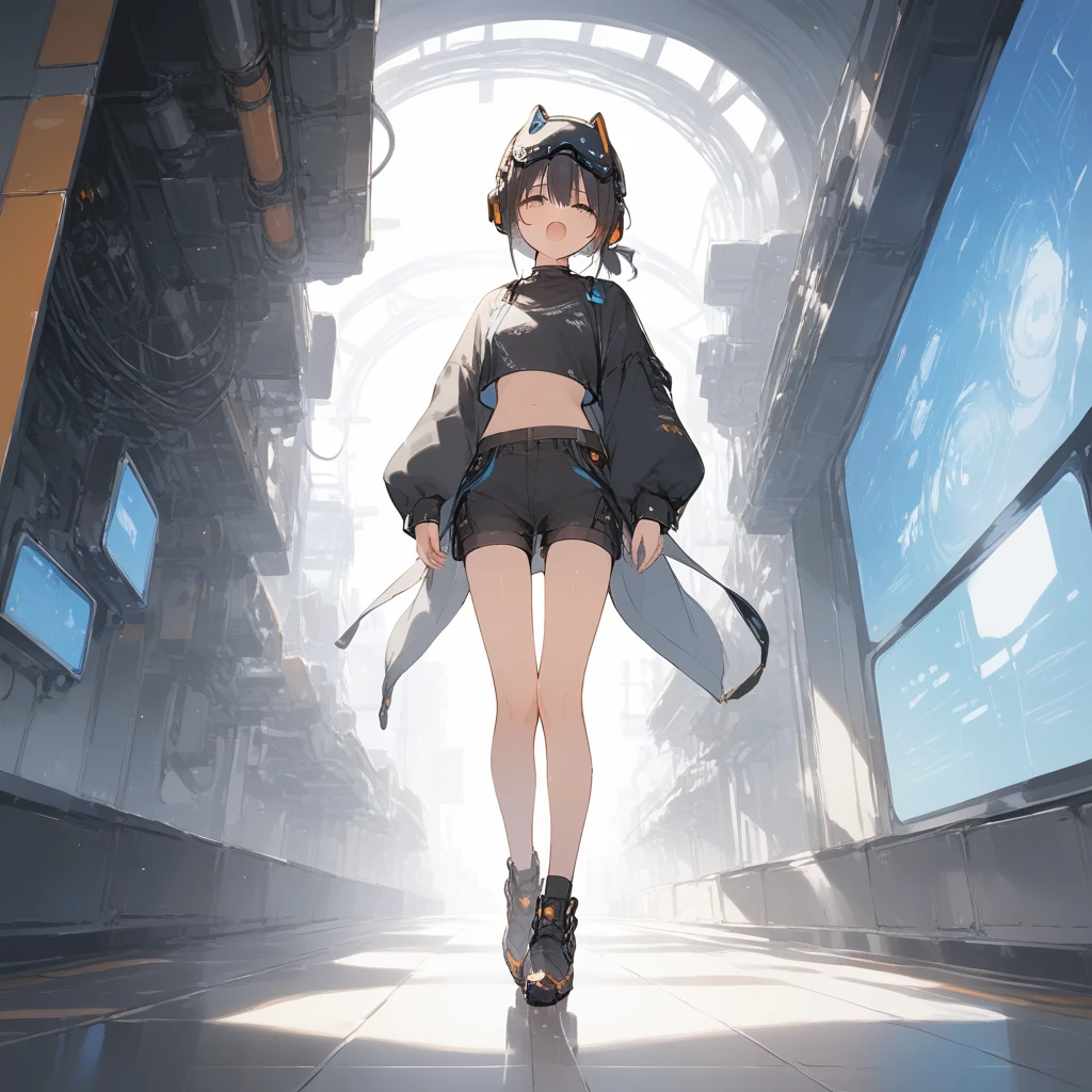 score_9, score_8_up, score_7_up, source_anime, best quality, masterpiece, official art, absurdres, highres, ultra-detailed,waifu2x,Collection: Slice of Life,break,1girl, cyborg girl, briliant azure eyes, 16yo, crop top cyborg armor, futuristic headset, futuristic tech, mindcontrol device installed on head, tomboy, tanned-skinned female, short hair, low ponytail, futuristic virtual realisty headset covering eyes, beautiful detailed eyes, sweat, open mouth, (yawn:0.3), sleepily, standing, futuristic city, wind, break, from bellow, ((show belly)), ((show upper legs)), (sexy pose), (full body view) (clear line illustration:1.2),very high resolution, very aesthetic, super detailed skin, Best sexual lighting powered by famous artist, 8k,cute picture,beauty illustration,photoshop_(medium),,(Detailed Lighting),best anime 8k konachan wallpaper, pixiv contest winner, 