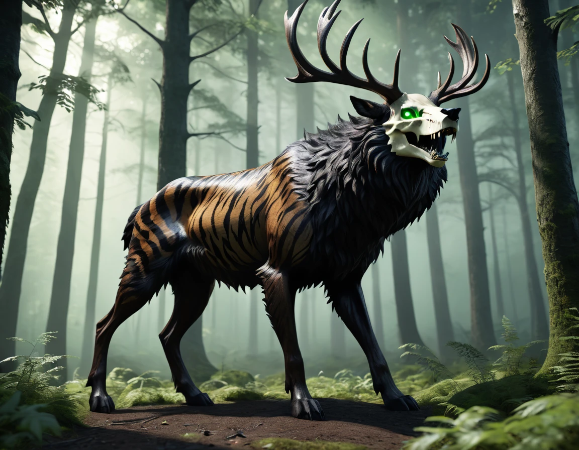 full body portrait of scary big black beast, feral, long legs, four legged, wolf tiger deer bear skull face, horns, antlers, deer, tiger, wolf, wendigo, bear, hybrid with beryl green eyes dark mysterious forest scenery, fantasy, dark fantasy, full body, cinematic, render, 8k, unreal engine, realistic, masterpiece, high detail, full body, low life, volumetric lighting
