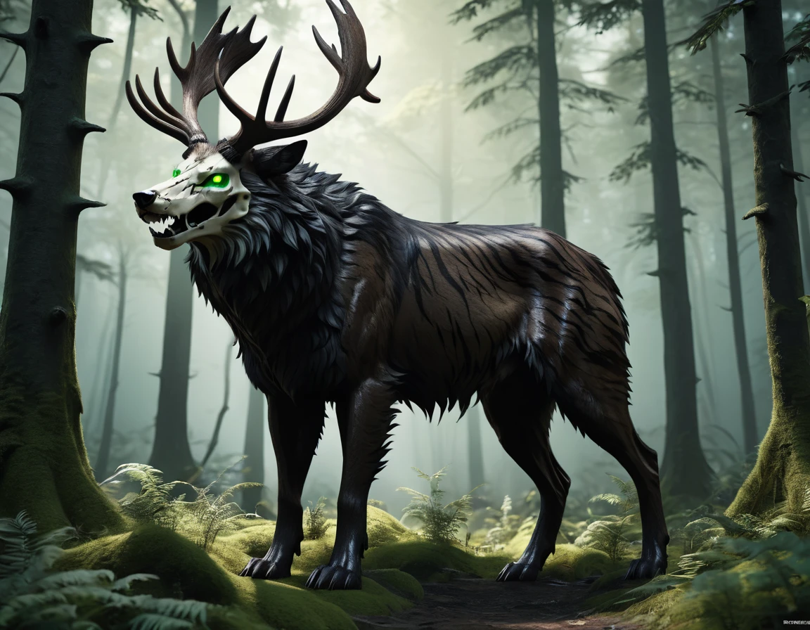 full body portrait of scary big black beast, feral, long legs, four legged, wolf tiger deer bear skull face, horns, antlers, deer, tiger, wolf, wendigo, bear, hybrid with beryl green eyes dark mysterious forest scenery, fantasy, dark fantasy, full body, cinematic, render, 8k, unreal engine, realistic, masterpiece, high detail, full body, low life, volumetric lighting
