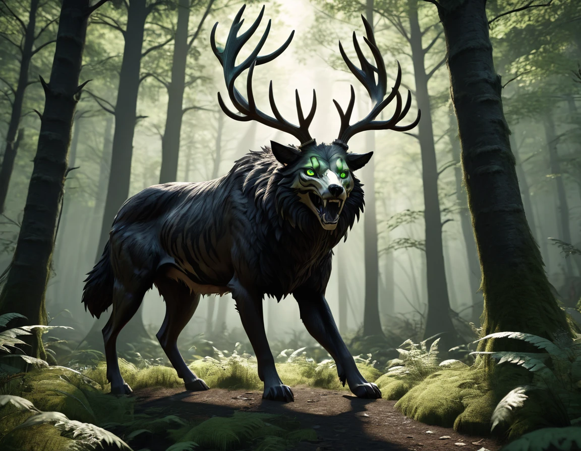 full body portrait of scary big black beast, feral, long legs, four legged, wolf tiger deer bear skull face, horns, antlers, deer, tiger, wolf, wendigo, bear, hybrid with beryl green eyes dark mysterious forest scenery, fantasy, dark fantasy, full body, cinematic, render, 8k, unreal engine, realistic, masterpiece, high detail, full body, low life, volumetric lighting