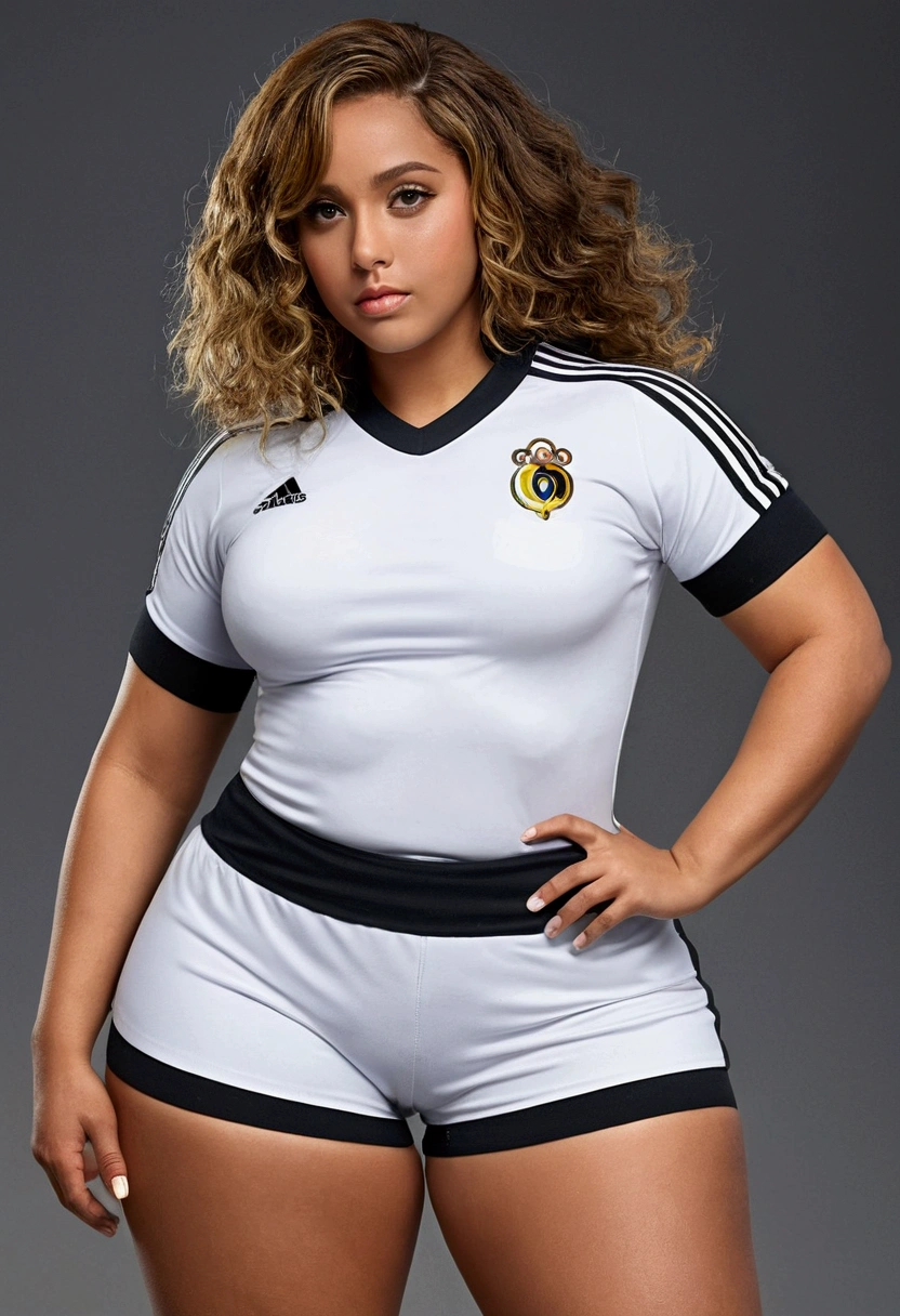 ((Best Quality)), ((Masterpiece)), (detailed), 1 girl, Una shall wer de pelo corto ondulado,vuluptuous body,shall wer robusta,big hips,big waist,He wears a soccer jersey that reaches his waist.,white color,Black shorts , large, sagging breasts ,shall we