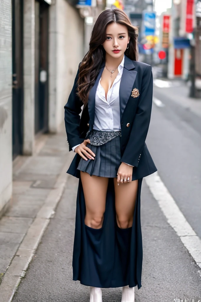 a 16 year old girl, she is the most beautiful actress in the world, the perfect body proportions of this girl in the formal clothes, ideal size of her breasts for a female, the formal shirt and the blazer are worn on her upper body, her crotch area of the panties between her bare legs are hardly hidden by the short skirt, blazer is appropriately buttoned up on shirt she wears, it's just the front of her body, it from right above her head to right below her shins are within the frame, she is standing straight at the street, nsfw, best quality, highly detailed, masterpiece, ultra high res, photo realistic, 8k, RAW photo