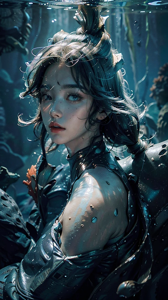 (masterpiece, best quality, ultra-detailed, best shadow), (beautiful detailed face:1.3),(solo), (family_friendly:0.8),high contrast, ultra-high resolution,(1girl under deep sea:1.6),(diving AND petting a whale:1.3),full body, diving suit,refract light from above,glowing_light,vivid seaweed,colorful corals, looking_afar, tropical fish,(turbulence disturbed hair:1.2),([blue|silver] hair:1.1) 