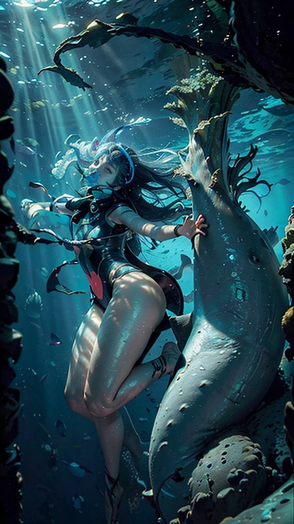 (masterpiece, best quality, ultra-detailed, best shadow), (beautiful detailed face:1.3),(solo), (family_friendly:0.8),high contrast, ultra-high resolution,(1girl under deep sea:1.6),(diving AND petting a whale:1.3),full body, diving suit,refract light from above,glowing_light,vivid seaweed,colorful corals, looking_afar, tropical fish,(turbulence disturbed hair:1.2),([blue|silver] hair:1.1) 