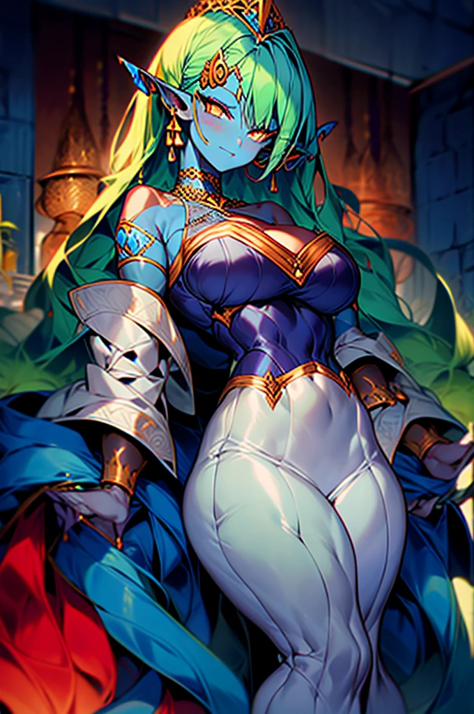 (Masterpiece, best quality, official art, 8K), HD image, ultra-detailed, a cartoon image of a Sky Blue Skinned female Djinn with blue hair and a chain around her neck, Human Hybrid Djinn, (((((Her sky blue skin))))), skin genie girl sky blue, alone, Krenz Cushart and Artgerm, aesthetics!!!!!!, female genius, she is huge, beautiful girl genius, a celestial appearance, eyes are large and expressive, ((deep blue eyes)), exotic eyes, long blue hair, wavy and flowing, wears an exotic outfit, (((She wears a white top adorned with sparkling jewels, her skirt is long and flowing, made of lightweight silk, with layers that move gracefully with each step))), the skirt is decorated with intricate embroidery in silver and gold, waist sash decorated with precious stones, artgerm style, Water Elemental Woman, Goddess Inanna, The Greek goddess Afrotita, aesthetic!!!!!!, (1 Female Genie Djinn), (Big Breasts), Beautiful Genie, Evil Goddess, Djinn Character, ideal body proportion, ((Detailed Body)), mega detailed sensual body, perfect goddess body, Cuffs with Hanging Chains, Colorful Concept Art, Spiritual Fantasy Concept Art, female genie, (blue hair), Sky blue skin, Djinn girl, wearing white top, wearing white skirt, (Sky Blue Skinned Elf-Djinn).