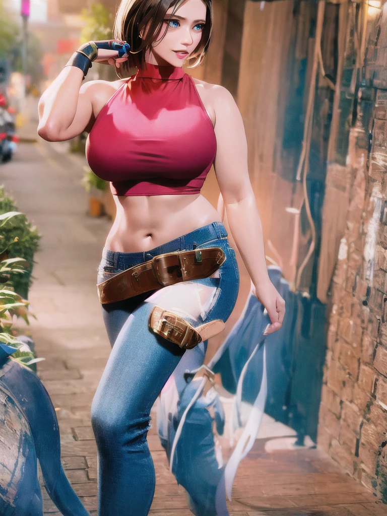 30 year old woman, alone, athletic, by the semi-cut ruby, she is wearing a tight red crop top, he wears blue jogger pants, has two belts, one small and the other a large belt hanging from his brown waist., wears blue fingerless gloves , he wears brown boots, smile at the viewer, points at the viewer, There is a little brown dog with white spots with her, high resolution, absurd, intricate, sharp focus, a New York alley in the background, Best Quality, Masterpiece, high resolution, Perfect picture, Very detailed, High contrast, Digital colors, simple, medium shot, cinematographic, ultra sharp focus, award-winning photography, perFect contrast, high sharpness, depth of field, ultra detailed photography, global illumination, fluid, ultra high definition, 8k, unreal engine 5, ultra-sharp focus, award-winning photography, Art Season Trends,
