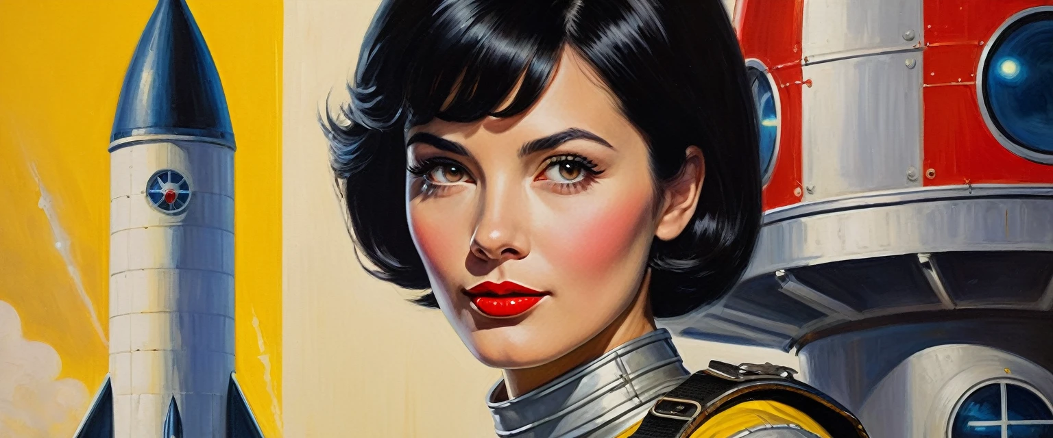 High-quality realistic acrylic painting, VIVID COLORS, back point a view, a beautiful vintage woman with short black straight hair, looking at the viewer with suspicious face and a shy smile, red lips, she wears white space Lackluster armor, hands in the waist, dramatic yellow lights, background night in 60´s rocket launch platform