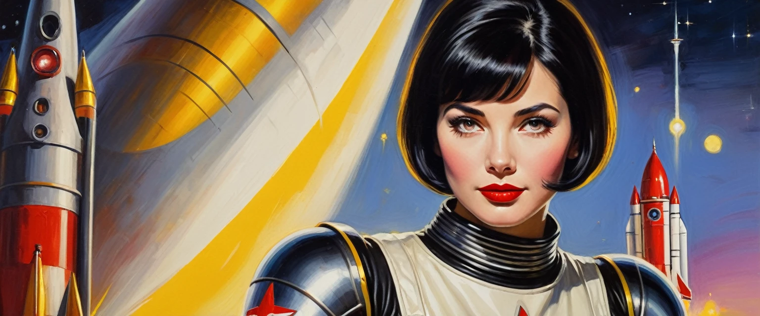 High-quality realistic acrylic painting, VIVID COLORS, back point a view, a beautiful vintage woman with short black straight hair, looking at the viewer with suspicious face and a shy smile, red lips, she wears white space Lackluster armor, hands in the waist, dramatic yellow lights, background night in 60´s rocket launch platform