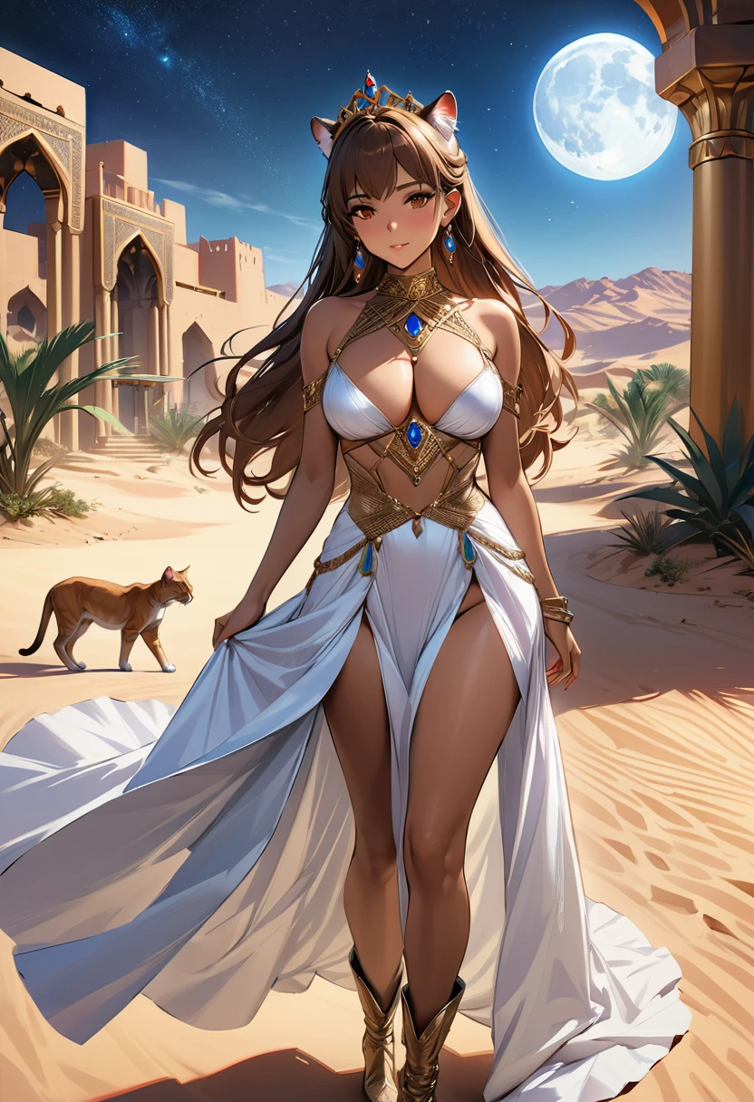 Arafed digital painting of a desert princess BREAK and her pet cougar in her palace high details, best quality, 16k, f a female human princess and her pet cougar, princess of the desert, full body, ((anatomically correct: 1.5)) ((standing: 1.5)) proudly royalty demeanor, a woman, (best detailed face: 1.5), Ultra Detailed face, ((human ears: 1.3)), wearing royal desert dress, decorated with gems, wearing princess tiara, small cleavage, thigh high intricate leather high heeled boot, thick hair, long hair, brown hair, tan skin intense brown eyes, her epic desert (cougar : 1.3) lying at her feet, guarding her, an epic fantasy desert palace in an oasis in the background (intricate details, Masterpiece, best quality: 1.5) night, moon light, stars ,Wide-Angle, award winning, best quality, high quality, high details, highres, vibrant, Ultra-high resolution, High Contrast, (masterpiece:1.5), highest quality, Best aesthetics, best details, best quality, highres, ultra wide angle, 16k, [ultra detailed], masterpiece, best quality, chumbasket art style, Cinematic Hollywood Film, 