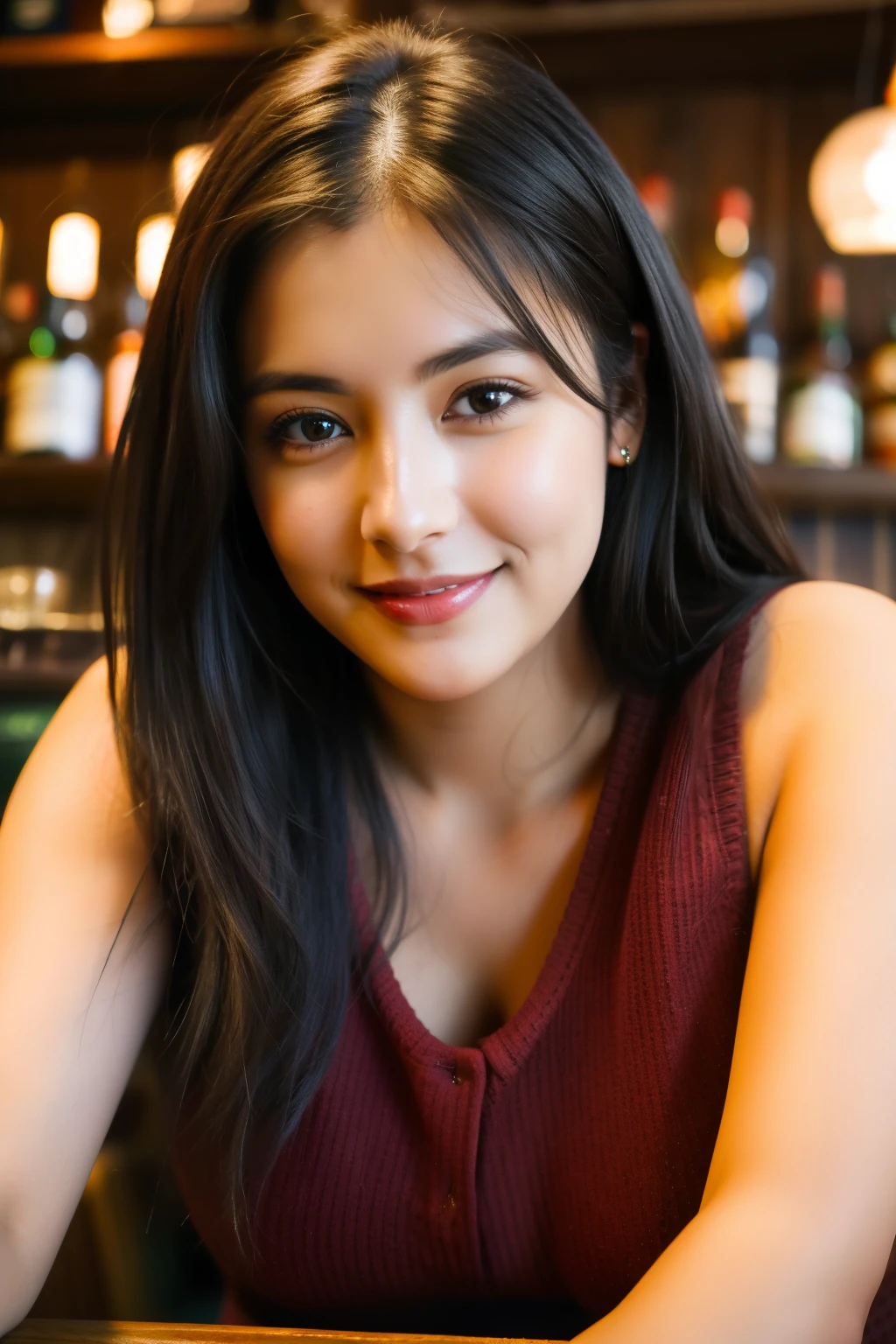 woman, close up, looking at camera, long black hair, straight hair, young adult, 20-25 years old, cute face, slightly chubby cheeks, detailed eyes, brown eyes, thin eyebrows, medium breasts, c cup breasts, jeans, red vest top, big smile, bar, cosy bar, wooden table, leather seat