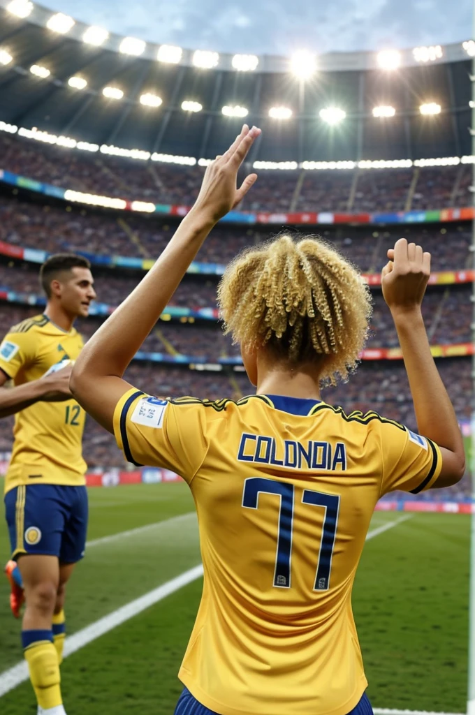 Curly blonde woman from behind celebrating a goal in the stadium with the Colombia national team shirt and number 7