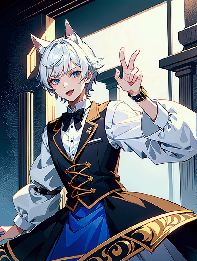 young male teenager, white hair, blue eyes, crossdress, wearing a dog collar, dog ears, sticking tongue out, embarassed, prince dress