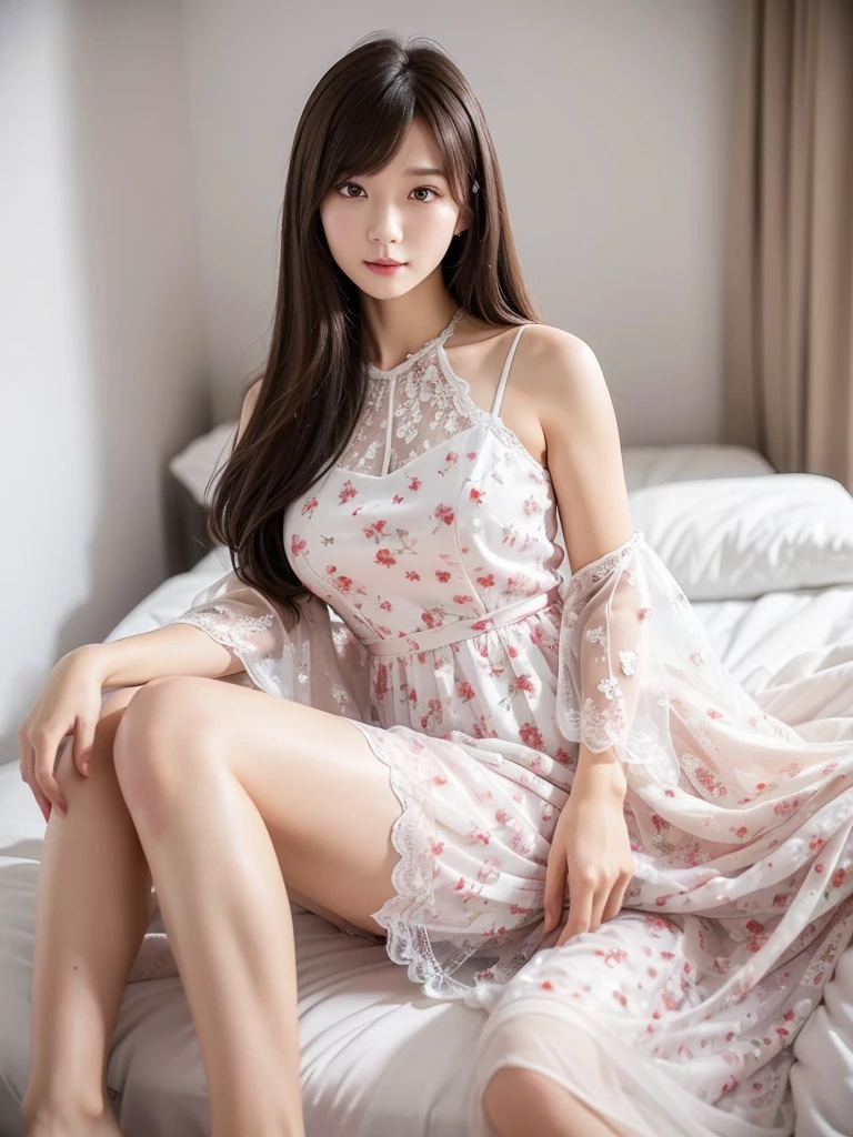 White Room、Vermilion floral lace chiffon dress、(Highest quality)、((Very detailed))、4K、(8K)、masterpiece、Very detailedな、Highest quality、Super Resolution、1 person、Kind Face、Soft Light、RAW quality、Soft Skin、163cm、30 years old、Thighs