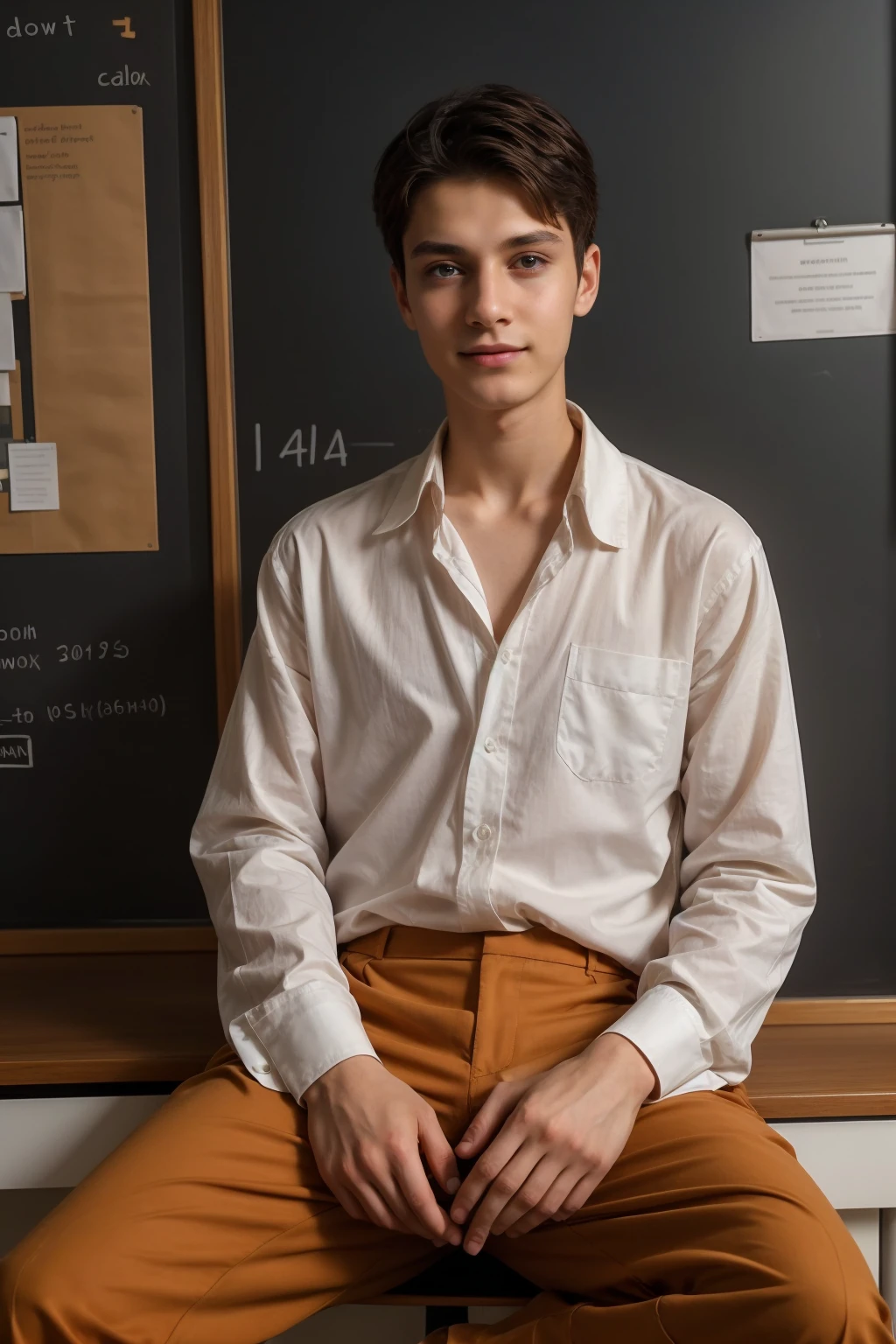 A beautiful young male twink with black hair, wearing a long-sleeved white cotton shirt and brown pants. He is in his office, sitting at a desk and studying general medicine. Behind him is a blackboard with calculus written on it. He looks on proudly, with a face with reddish makeup.