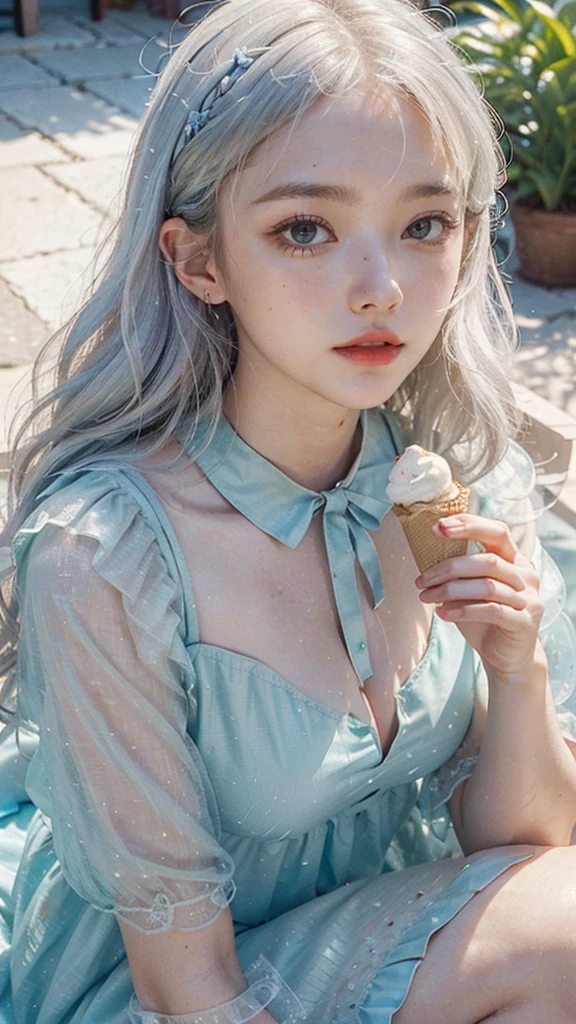 a close-up of a person holding an ice cream cone, sweet girl, woman with wavy silver hair, bangs, light blue eyes, red lips, tender green dress,