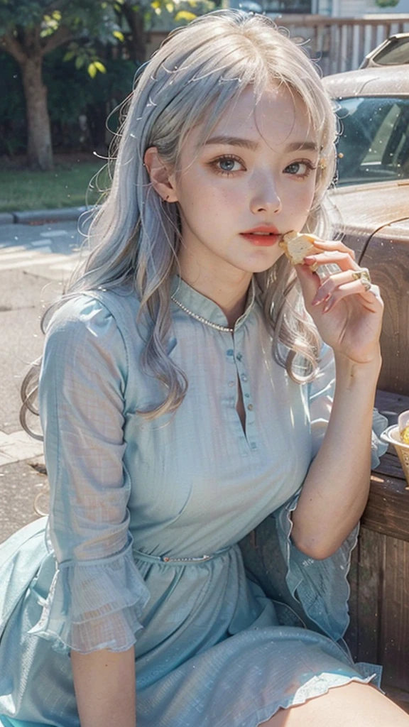 a close-up of a person holding an ice cream cone, sweet girl, woman with wavy silver hair, bangs, light blue eyes, red lips, tender green dress,