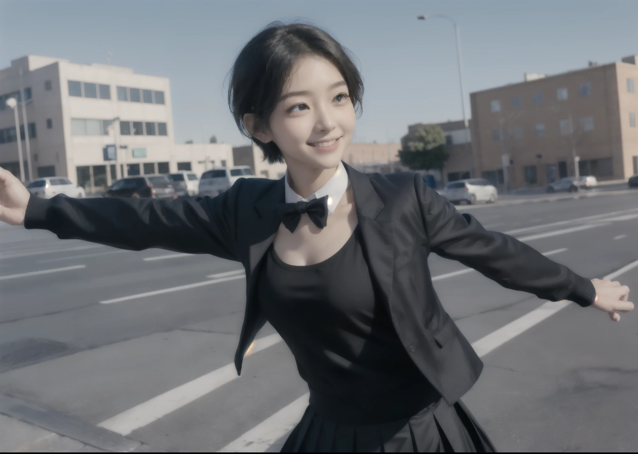 (masterpiece, best quality,extreme detAIled beautiful Eye), Optimal lighting, Perfect lighting,Look at the audience, (1 girl, Solitary,sky, City:1.3),NanasakiAI,Nanasaki_AI,
(whole body,Dynamic Angle,Dynamic poses,Smile,shining_Eye:1.2),(long_sleeve,Black_jacket,jacket,School_,Gibito_High target_School_:1.2),
(short_hAIr,Large target_breast,clavicle:1.2),Black_bow tie,Black_skirt,Wrinkles_skirt,White_shirt