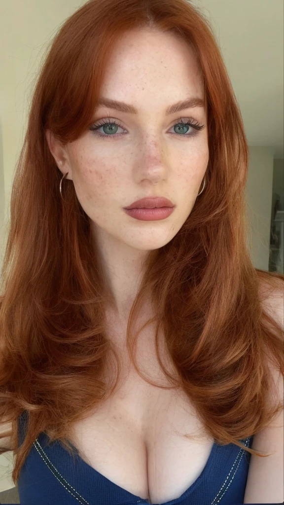 22 year old girl, realistic photo of a young white woman, selfie, perfect figure. Blood red hair hair styled loosely parted in the middle, ice blue eyes, pale skin, freckles. She wore an elegant tight-fitting long-sleeved blouse. Natural lighting, Masterpiece, Highly detailed, realistic skin texture, smooth complexion, natural looking hair, Vivid color, Raw photo, Best quality, High resolution, Award-winning photography, Intricate details, Picture fill, Sharp focus, 1080p, 8k, Natural, Looking at the camera