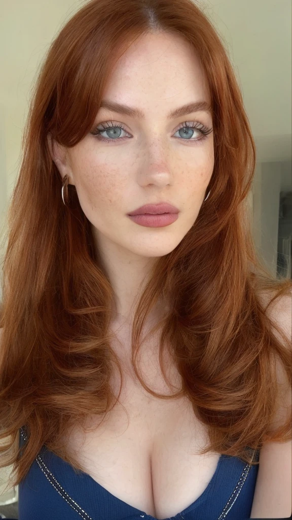 22 year old girl, realistic photo of a young white woman, selfie, perfect figure. Blood red hair hair styled loosely parted in the middle, ice blue eyes, pale skin, freckles. She wore an elegant tight-fitting long-sleeved blouse. Natural lighting, Masterpiece, Highly detailed, realistic skin texture, smooth complexion, natural looking hair, Vivid color, Raw photo, Best quality, High resolution, Award-winning photography, Intricate details, Picture fill, Sharp focus, 1080p, 8k, Natural, Looking at the camera