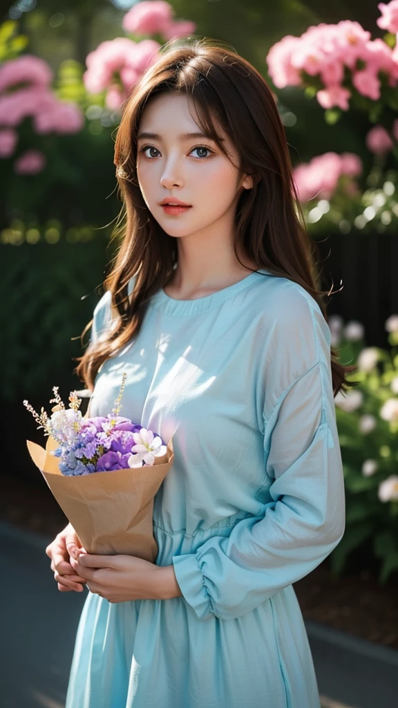 He had brown hair and glowing blue eyes.、Making the image of a cute animal lover woman。Flowers in the background