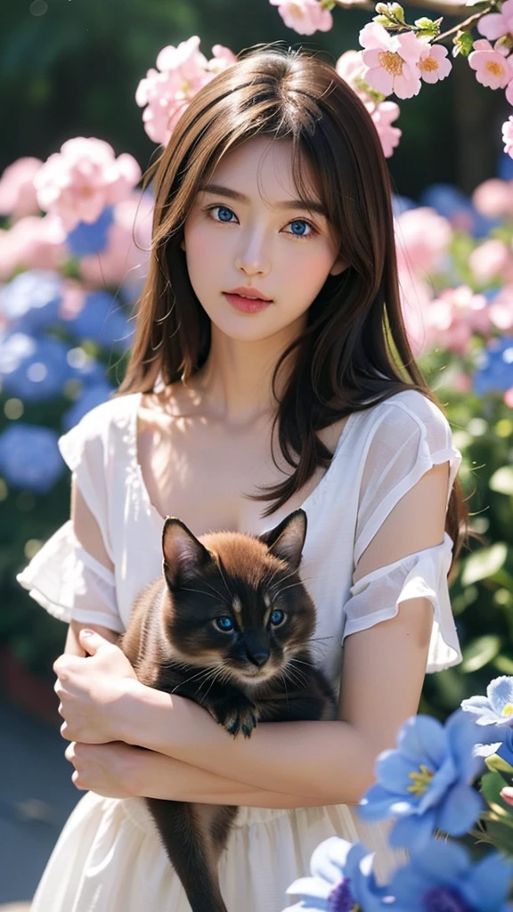He had brown hair and glowing blue eyes.、Making the image of a cute animal lover woman。Flowers in the background