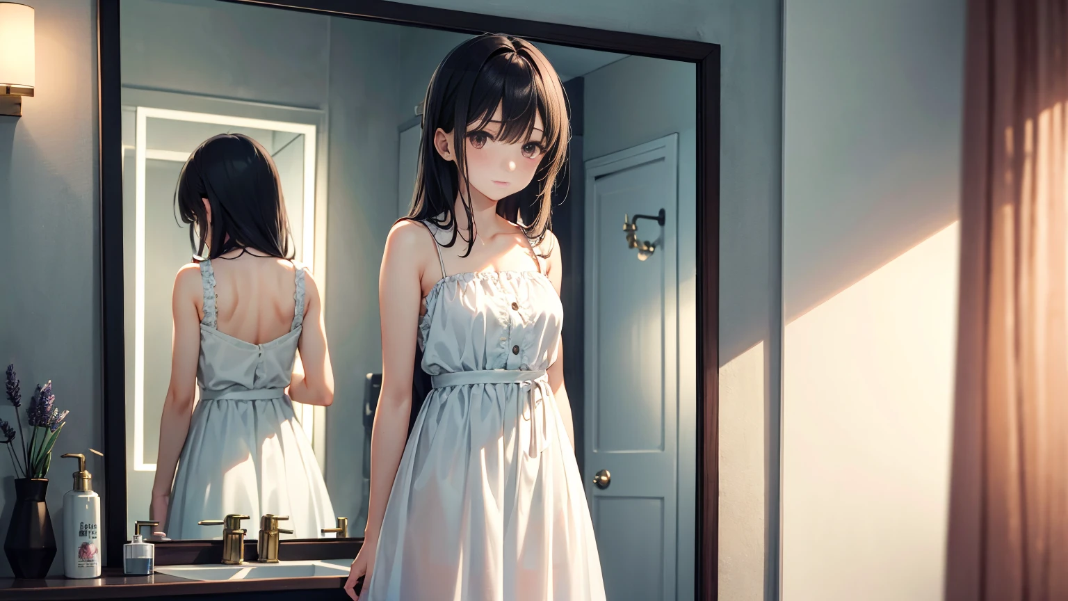 Please create an image of Misaki standing in front of a mirror. Misaki is wearing a transparent, silk-like dress that represents solitude, and she is looking at the mirror with a slightly tired expression. The mirror reflects a faint hint of the bustling city. The background is a modern-designed bathroom with steam rising and a hint of lavender scent in the air. Soft morning light is shining into the mirror, enveloping Misaki's silhouette.