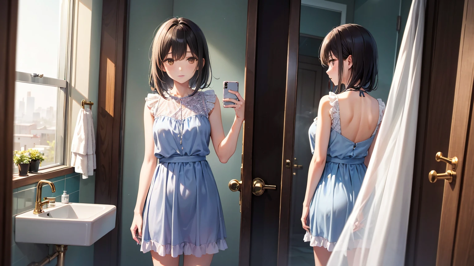 Please create an image of Misaki standing in front of a mirror. Misaki is wearing a transparent, silk-like dress that represents solitude, and she is looking at the mirror with a slightly tired expression. The mirror reflects a faint hint of the bustling city. The background is a modern-designed bathroom with steam rising and a hint of lavender scent in the air. Soft morning light is shining into the mirror, enveloping Misaki's silhouette.