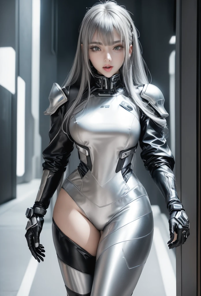 Arabian woman taking a photo wearing a shiny top and leather jacket, Cyborg - Silver Haired Girl, Wearing technical clothing and armour, Cyber Suit, shiny silver armor, Cyber Suit, Cyber Suits, Cyberpunk Anime Girl, Girl wearing mecha cyber armor, Photos of women in techwear, Cyberpunk Suit, Cyberpunk shiny latex suit, Wearing a cyberpunk leather jacket、Mouth open、