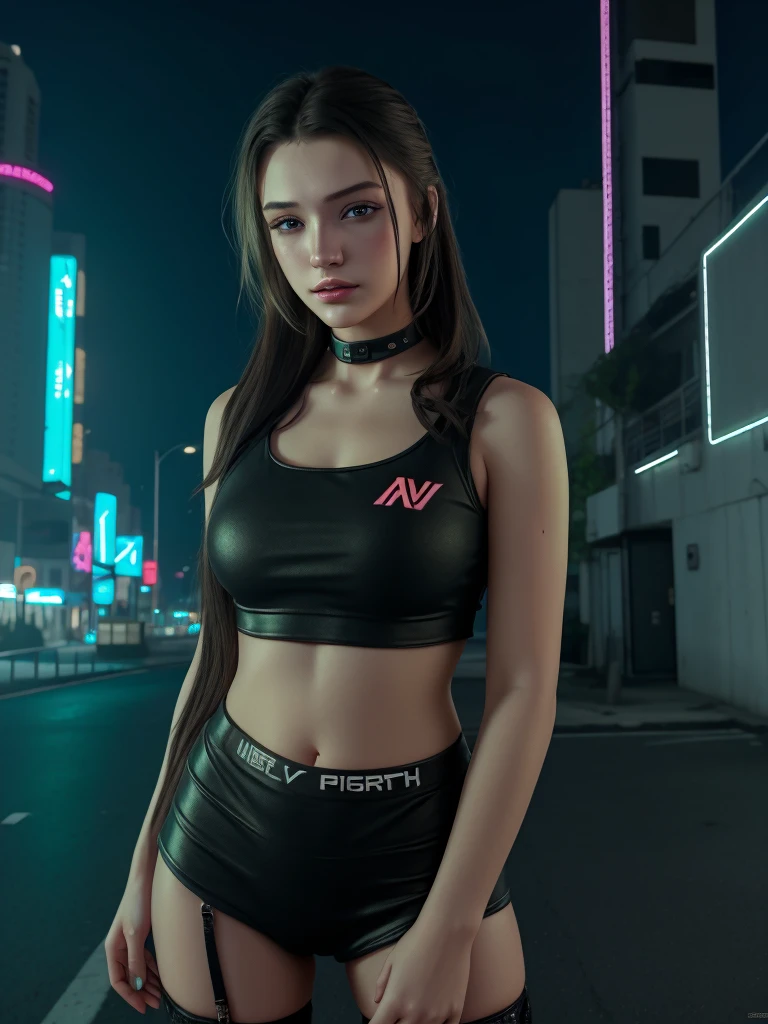  cyberpunk landscape, One girl, a beautiful portrait of a cute women, Neon lights. Cold colors. highres, masterpiece. 