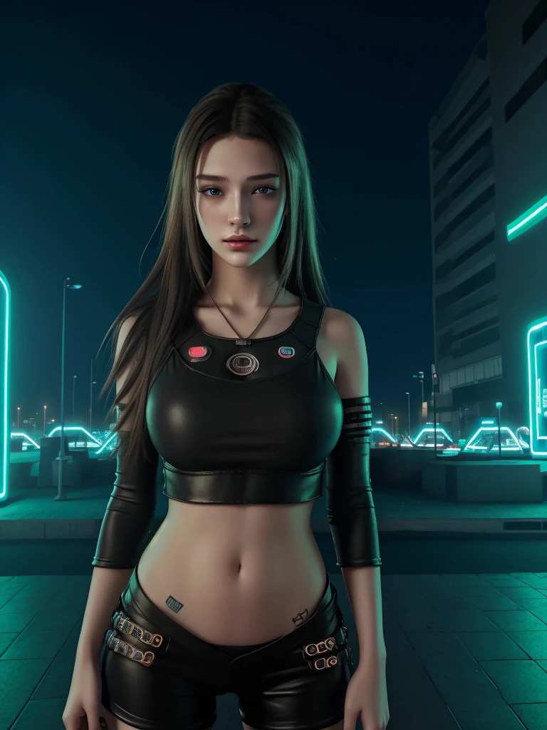  cyberpunk landscape, One girl, a beautiful portrait of a cute women, Neon lights. Cold colors. highres, masterpiece. 