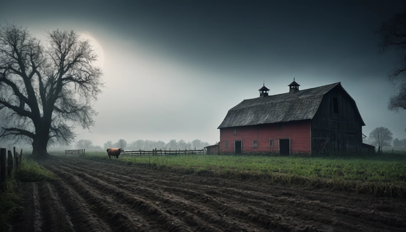 Scary horror image of a farm, PICTURE REALISTIC, high resolution, 8K