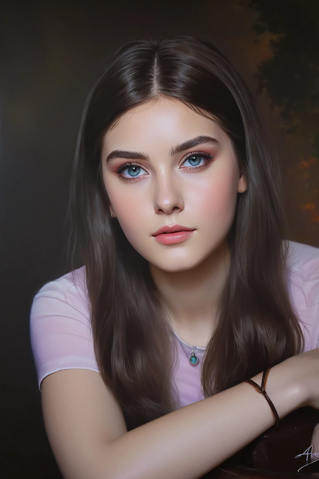 [[(front full portrait: young teeneye Maya Refikko (solo!!!) with big beauty eyes and a short hair oblique twister bob, crimson)((Cuno-Amiet style!!!))])):20]/[background: landscape
 Renaissance, old canva, (silver fog sunset), ((landscape style Alexey Savrasov:1,6))]/[very colorful,((oil painting palette knife))((masterpiece)),((highest detail))]]