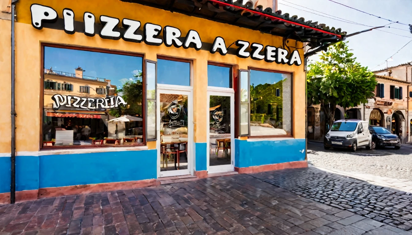 first person view, pizzeria facade, daytime, no people in the place