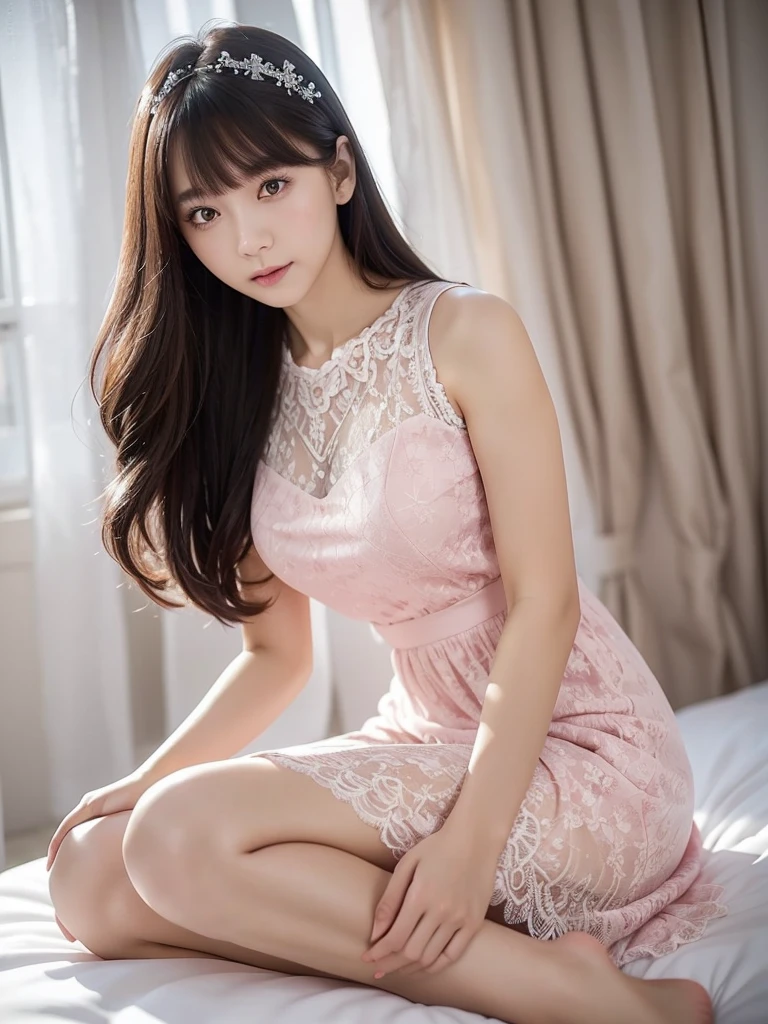 White Room、Vermilion floral lace chiffon dress、(Highest quality)、((Very detailed))、4K、(8K)、masterpiece、Very detailedな、Highest quality、Super Resolution、1 person、Kind Face、Soft Light、RAW quality、Soft Skin、163cm、30 years old、Thighs