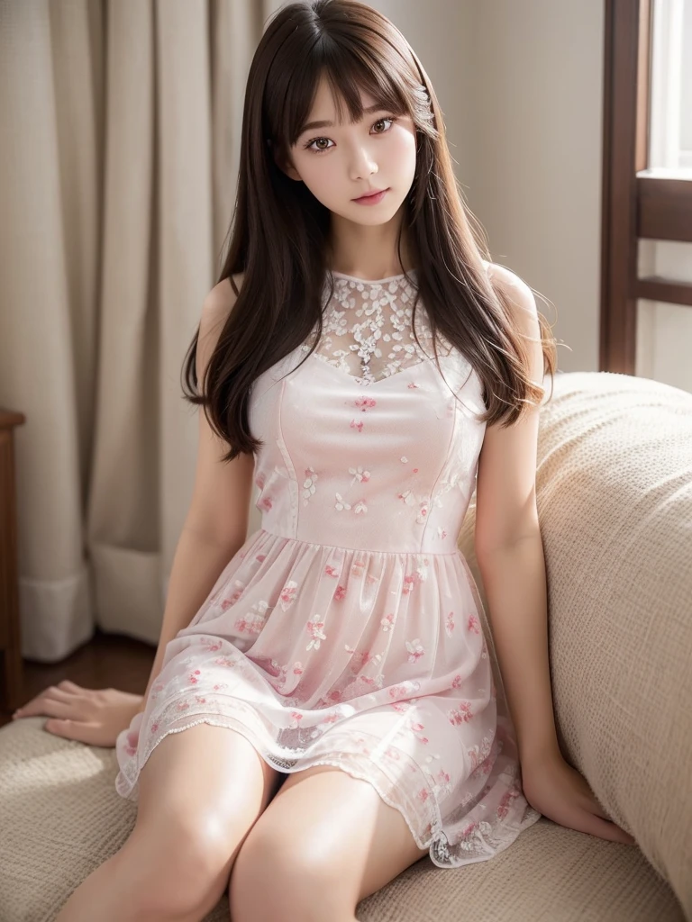 White Room、Vermilion floral lace chiffon dress、(Highest quality)、((Very detailed))、4K、(8K)、masterpiece、Very detailedな、Highest quality、Super Resolution、1 person、Kind Face、Soft Light、RAW quality、Soft Skin、163cm、30 years old、Thighs