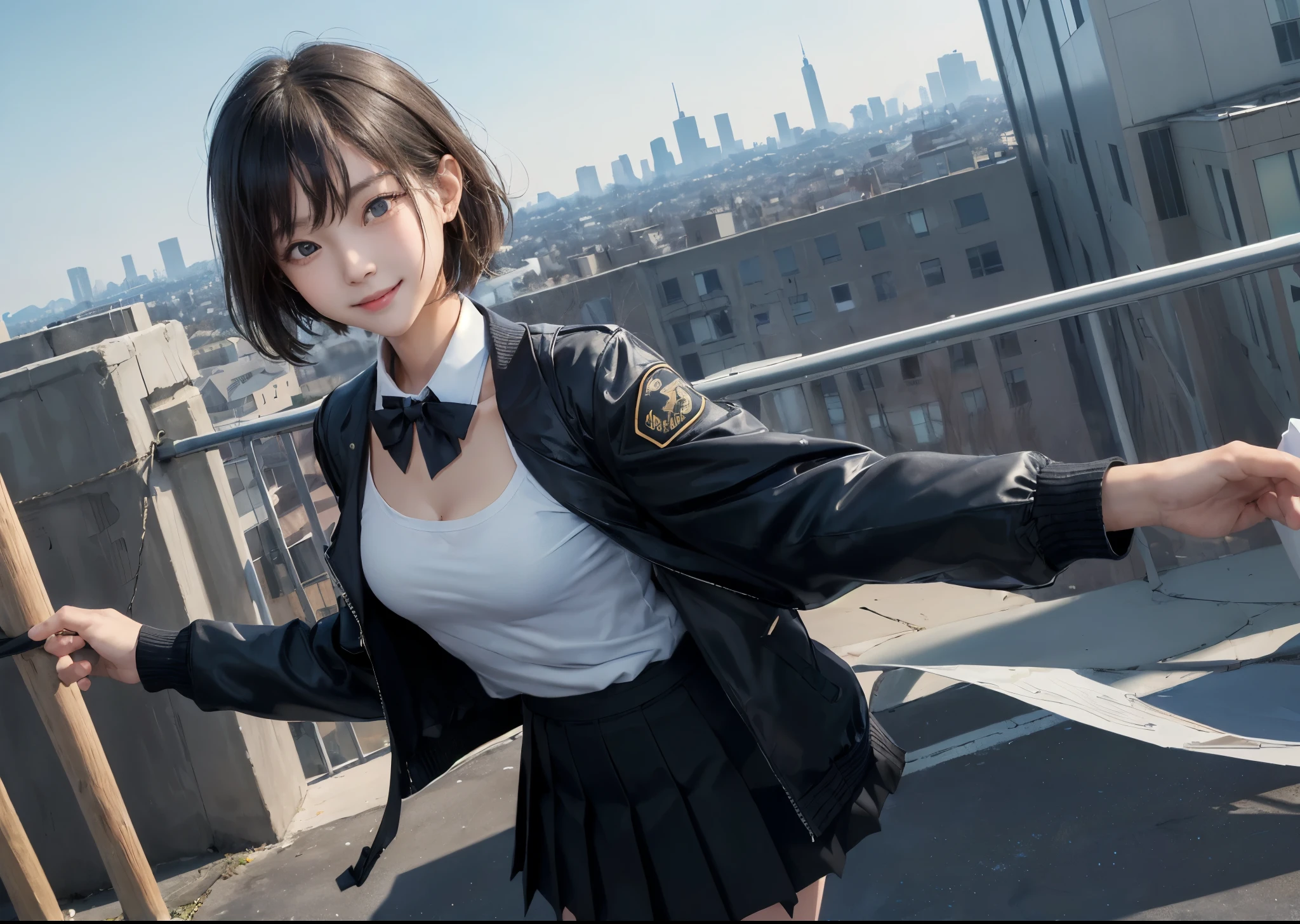 (masterpiece, best quality,extreme detAIled beautiful Eye), Optimal lighting, Perfect lighting,Look at the audience, (1 girl, Solitary,sky, City:1.3),NanasakiAI,Nanasaki_AI,
(whole body,Dynamic Angle,Dynamic poses,Smile,shining_Eye:1.2),(long_sleeve,Black_jacket,jacket,School_,Gibito_High target_School_:1.2),
(short_hAIr,Large target_breast,clavicle:1.2),Black_bow tie,Black_skirt,Wrinkles_skirt,White_shirt