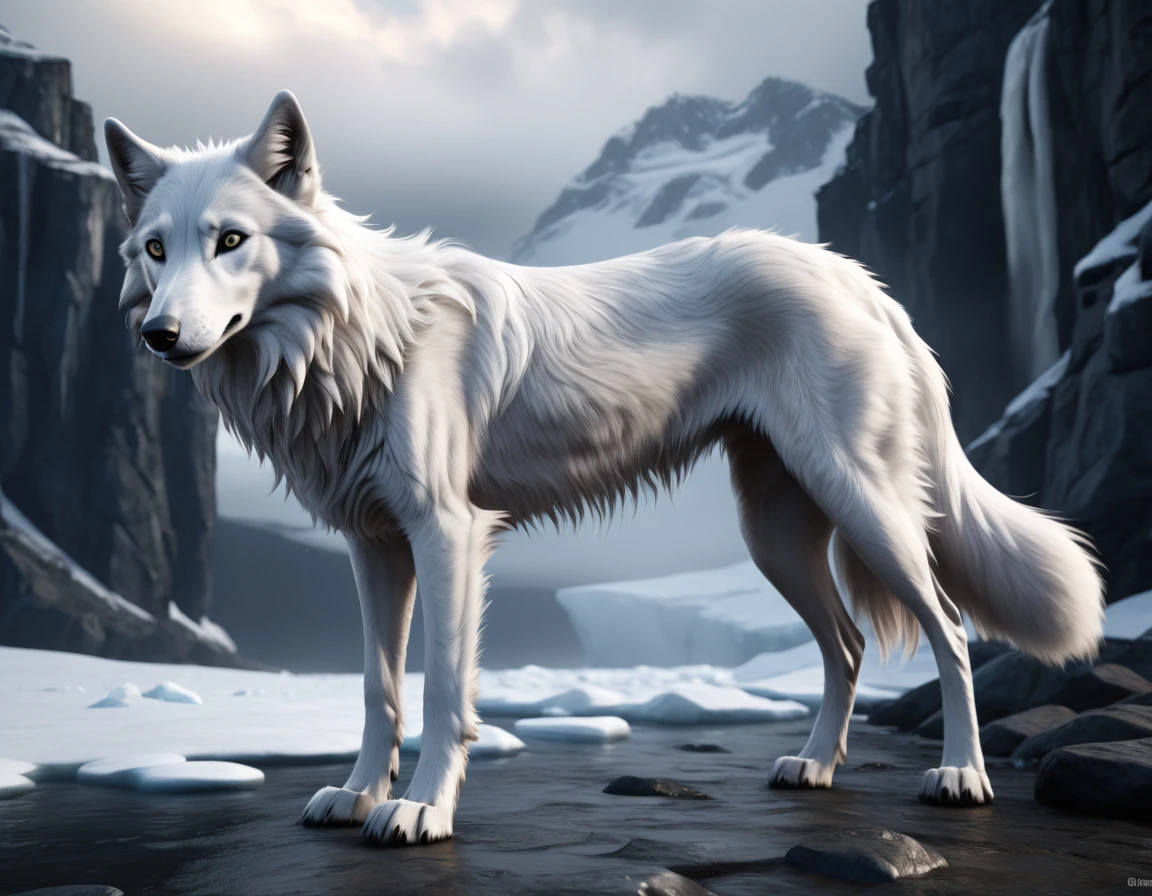 full body portrait of a tall white wolf, silken windhound, hybrid beast, black eyes, mysterious arctic scenery, fantasy, dark fantasy, full body, cinematic, render, 8k, unreal engine, realistic, masterpiece, high detail, full body, low life, volumetric lighting