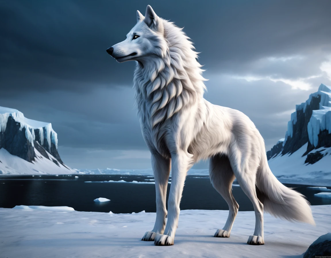 full body portrait of a tall white wolf, silken windhound, hybrid beast, black eyes, mysterious arctic scenery, fantasy, dark fantasy, full body, cinematic, render, 8k, unreal engine, realistic, masterpiece, high detail, full body, low life, volumetric lighting