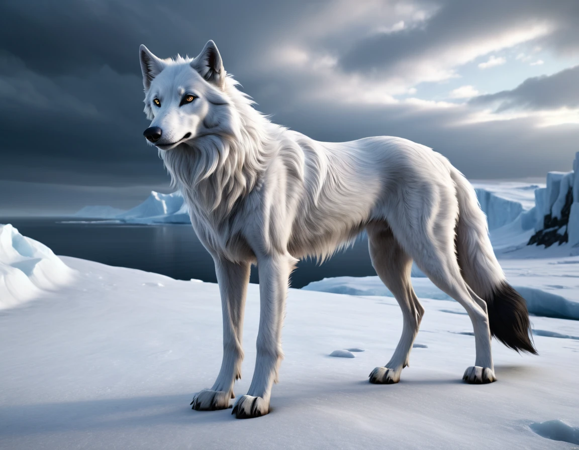 full body portrait of a tall white wolf, silken windhound, hybrid beast, black eyes, mysterious arctic scenery, fantasy, dark fantasy, full body, cinematic, render, 8k, unreal engine, realistic, masterpiece, high detail, full body, low life, volumetric lighting