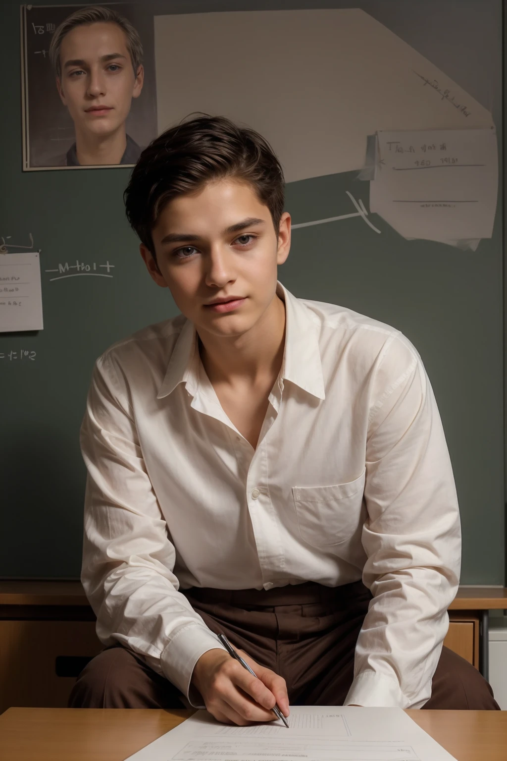 A beautiful young male twink with black hair, wearing a long-sleeved white cotton shirt and brown pants. He is in his office, sitting at a desk and studying general medicine. Behind him is a blackboard with calculus written on it. He looks on proudly, with a face with reddish makeup.