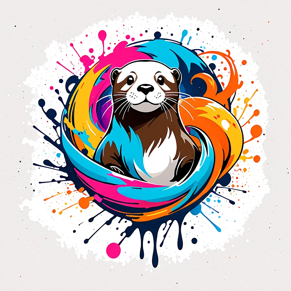 T-shirt logo with colorful illustration of an otter in the center, swirly vibrant colors，graffiti art，ink spatter，Wild and unbridled，paint splash painting，rich and colorful，visual impact,modern aesthetic,Elegant and simple,Contemporary interpretation,audacious,White background