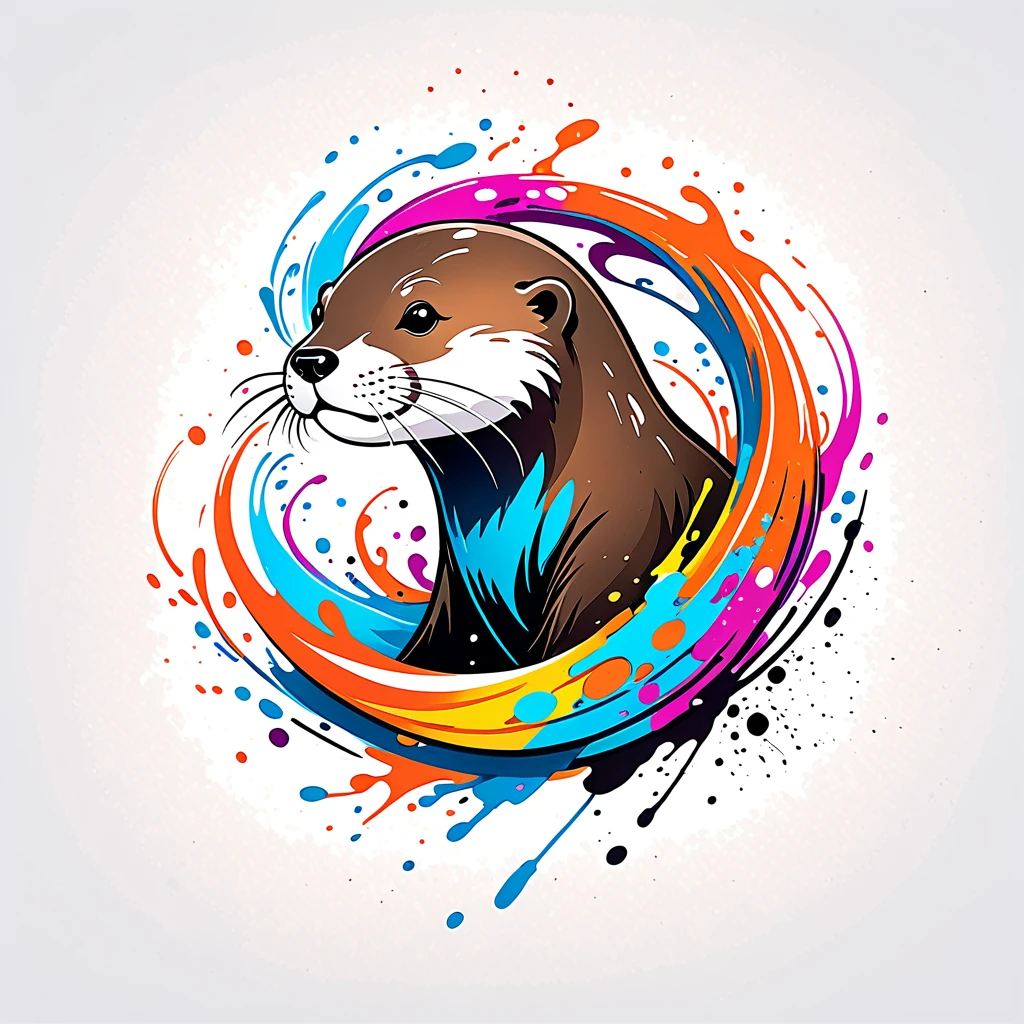 T-shirt logo with colorful illustration of an otter in the center, swirly vibrant colors,graffiti art,ink spatter,Wild and unbridled,paint splash painting,rich and colorful,visual impact,modern aesthetic,Elegant and simple,Contemporary interpretation,audacious,White background