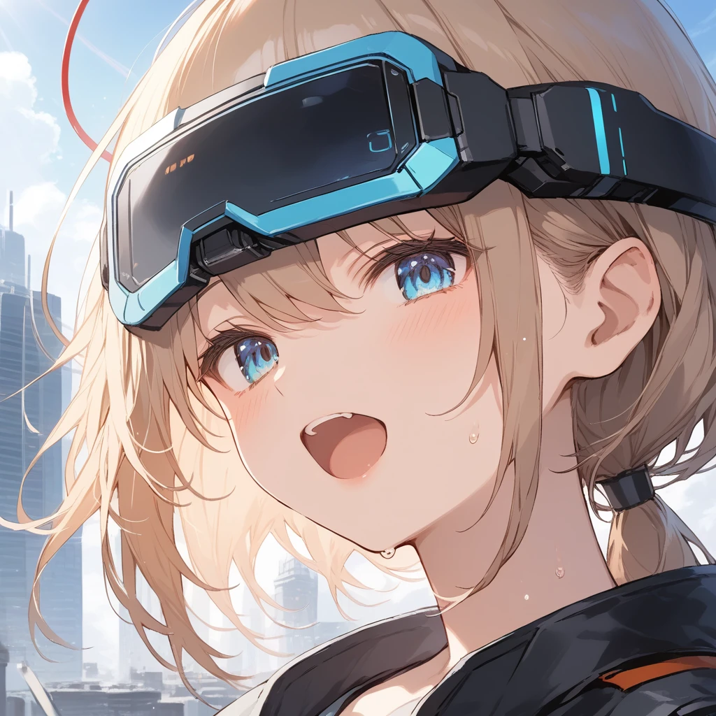 score_9, score_8_up, score_7_up, source_anime, best quality, masterpiece, official art, absurdres, highres, ultra-detailed,waifu2x,Collection: Slice of Life,break,1girl, cyborg girl, briliant azure eyes, , crop top cyborg armor, futuristic headset, futuristic tech, mindcontrol device installed on head, tomboy, tanned-skinned female, short hair, low ponytail, futuristic virtual realisty headset covering eyes, beautiful detailed eyes, sweat, open mouth, (yawn:0.3), sleepily, standing, futuristic city, wind, break, from bellow, ((show belly)), ((show upper legs)), (sexy pose), (full body view), (close-up from bellow) (clear line illustration:1.2),very high resolution, very aesthetic, super detailed skin, Best sexual lighting powered by famous artist, 8k,cute picture,beauty illustration,photoshop_(medium),,(Detailed Lighting),best anime 8k konachan wallpaper, pixiv contest winner,